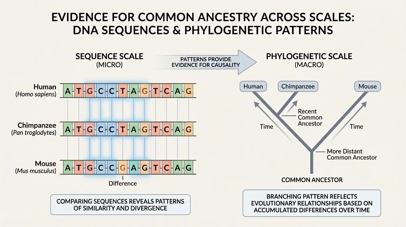 Diagram comparing short DNA segments from human, chimpanzee, and mouse with highlighted shared bases and a simple branching relationship