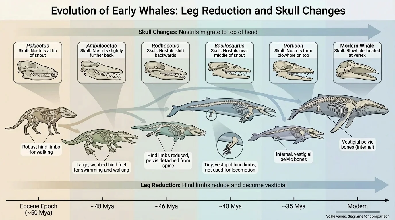 Timeline-style diagram of early whale evolution showing leg reduction and skull changes across fossil forms