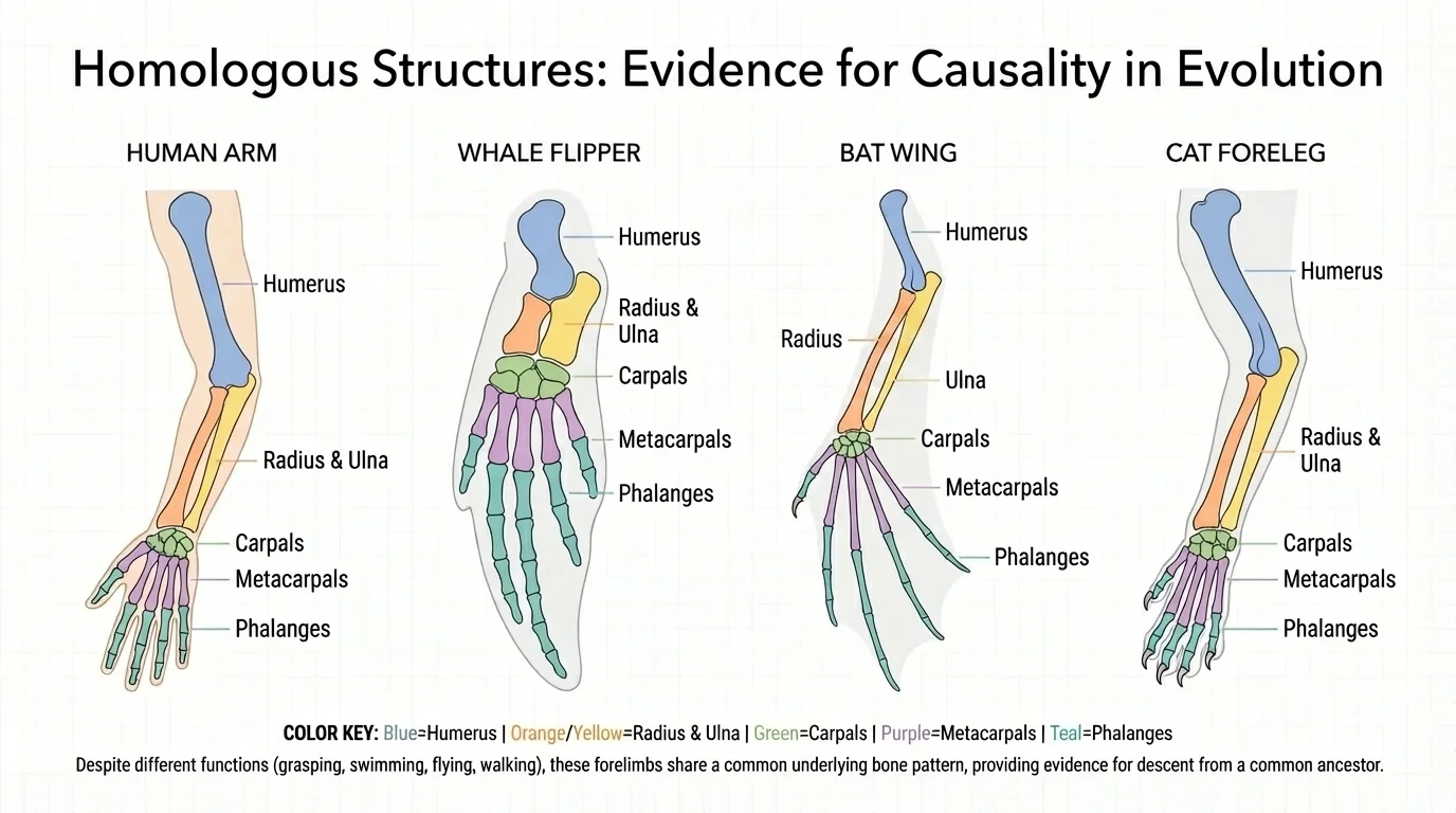 Diagram of human arm, whale flipper, bat wing, and cat foreleg with matching bones color-coded