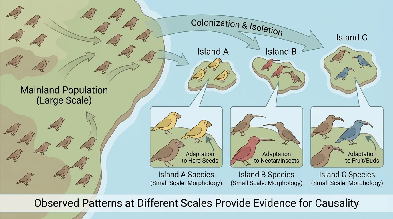 Map-style illustration of mainland birds colonizing islands and diverging into several related island species