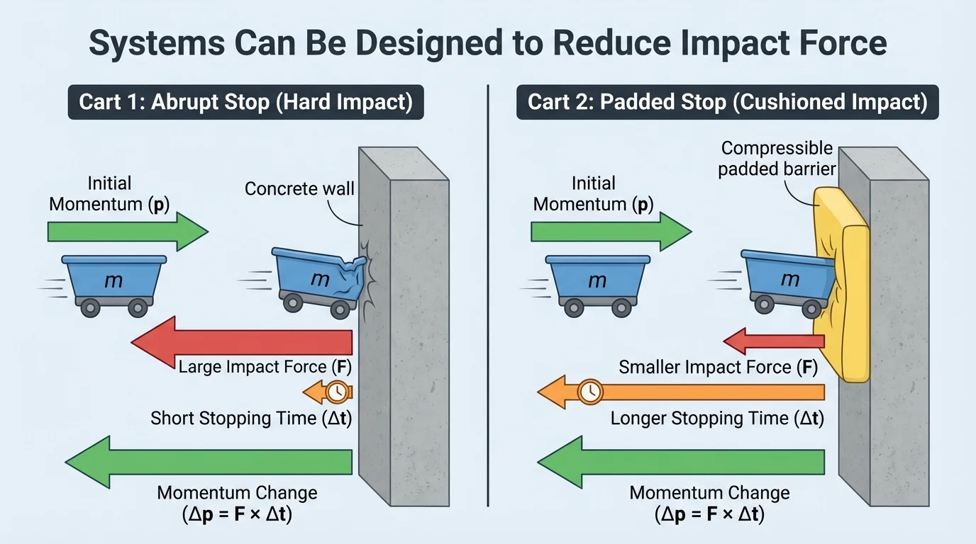 Two carts colliding with a wall, one stopping abruptly and one with a padded barrier, arrows showing same momentum change but different stopping times and force sizes