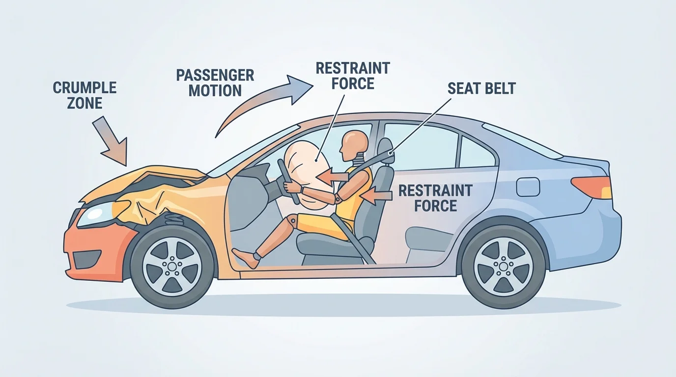 Side view of a car in a frontal crash with labeled crumple zone, airbag, seat belt, and passenger motion arrows