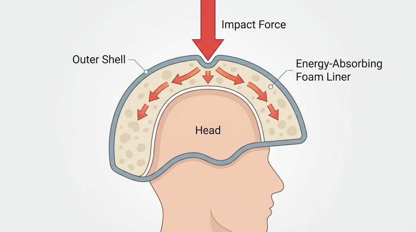 Cross-section of a bicycle helmet with labeled shell, foam liner, head, and impact arrows