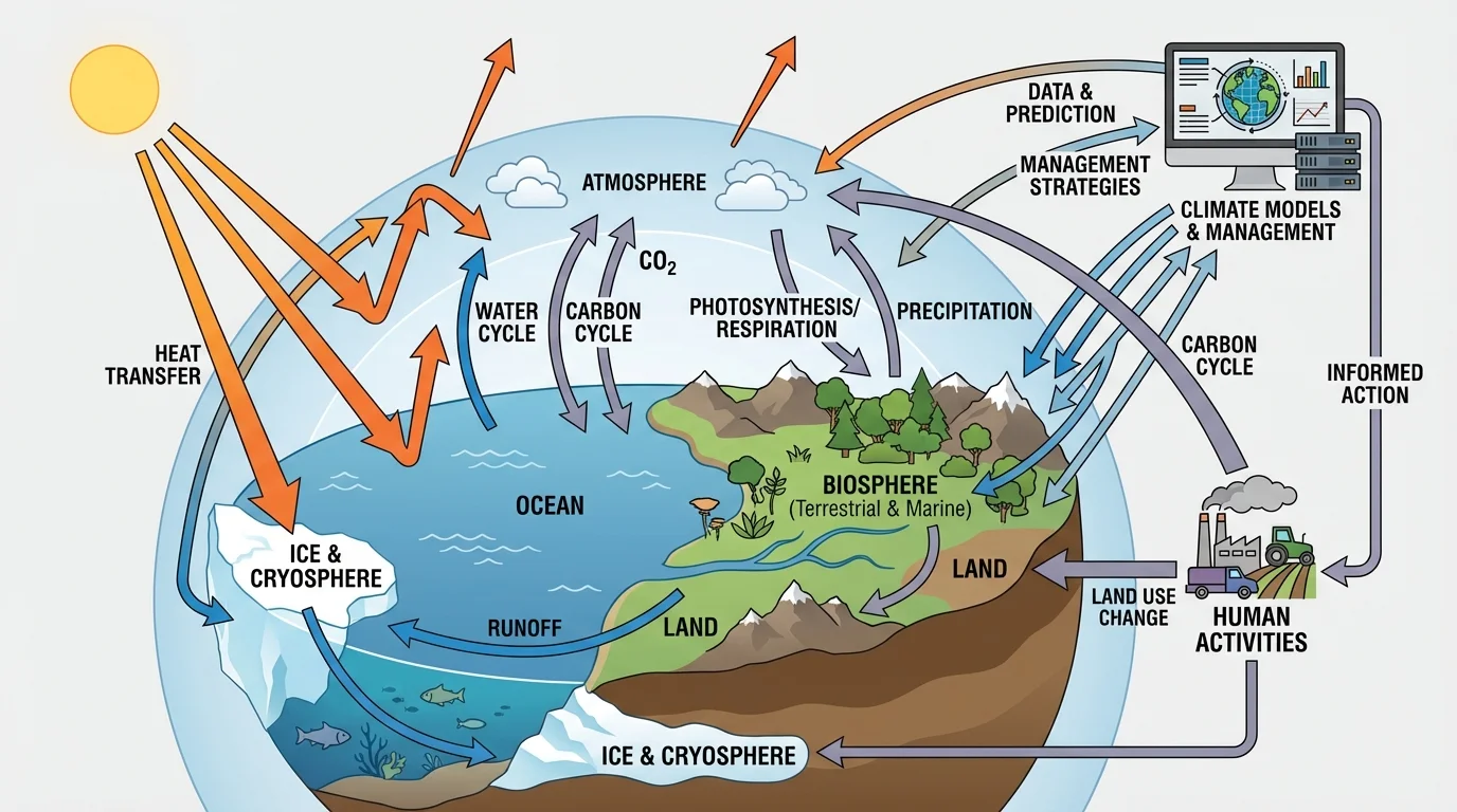 Earth system diagram showing atmosphere, ocean, land, ice, and biosphere connected by arrows labeled heat, water, and carbon