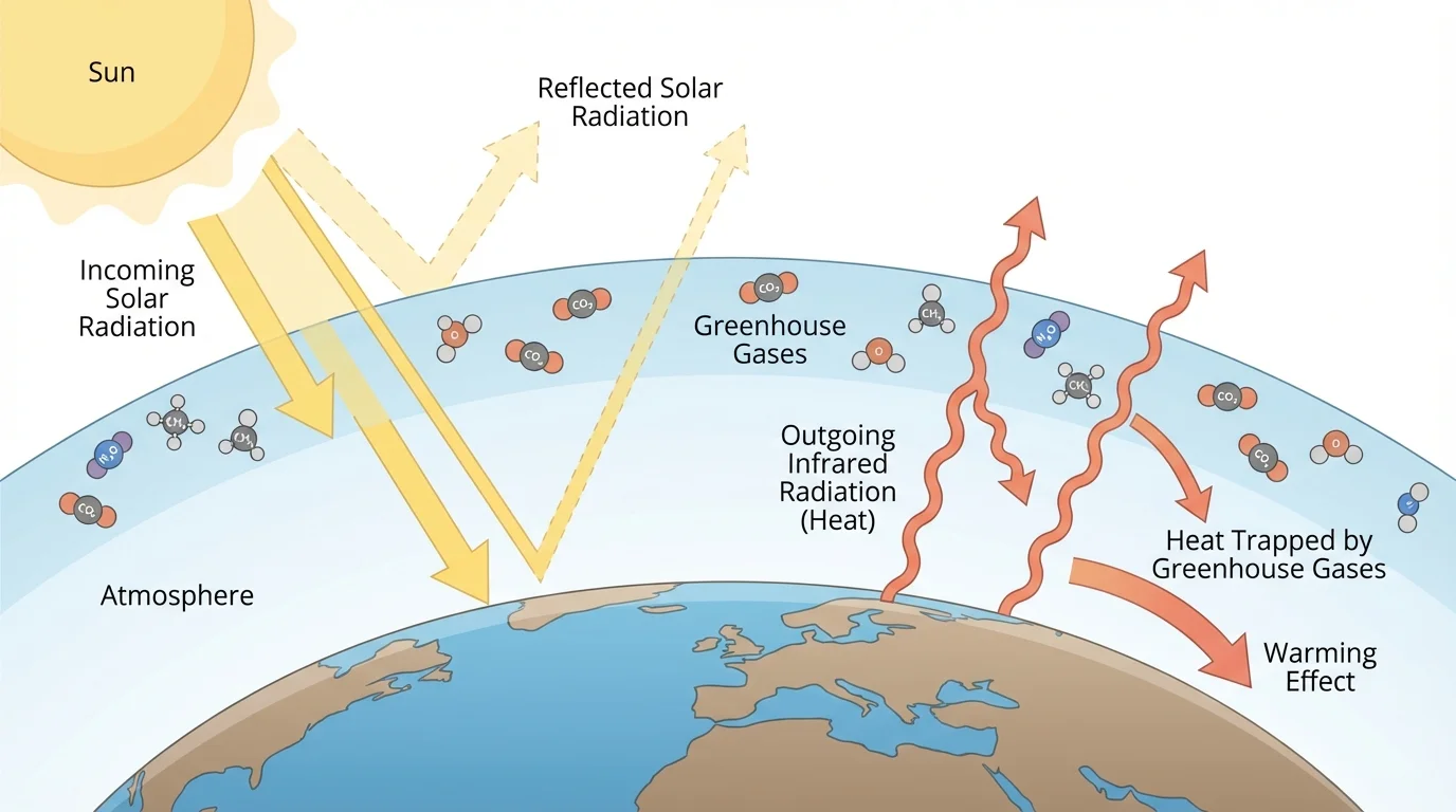 Sunlight entering Earth's atmosphere, some reflected, infrared heat leaving Earth, and greenhouse gases trapping part of the outgoing energy