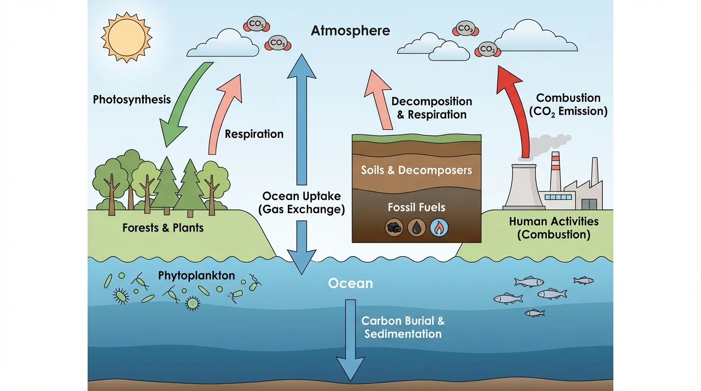 Carbon cycle showing atmosphere, forests, soils, fossil fuels, and ocean connected by arrows, including photosynthesis, respiration, combustion, and ocean uptake