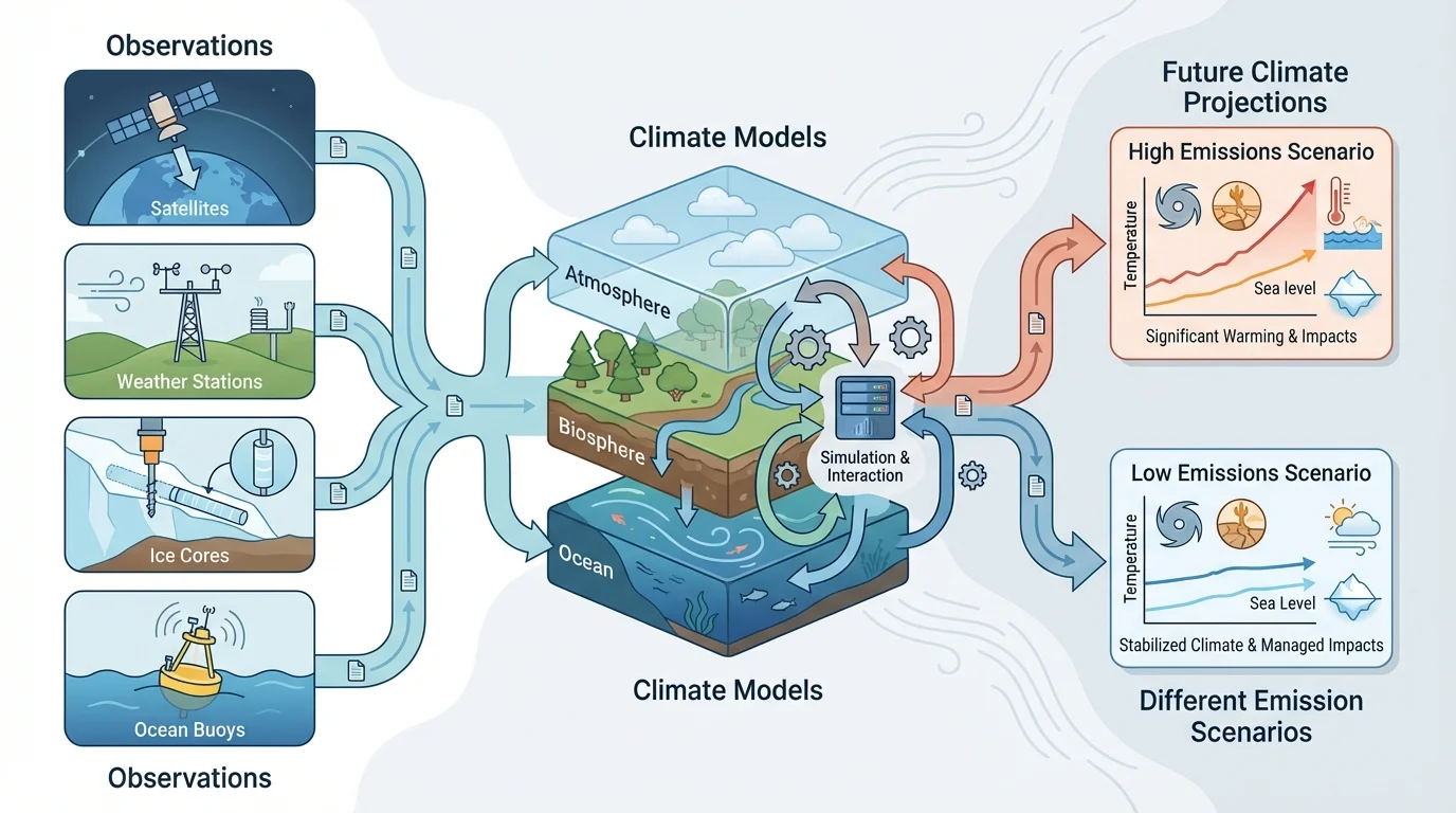 Observations from satellites, weather stations, ice cores, and ocean buoys feeding into climate models, leading to future climate projections under different emission scenarios