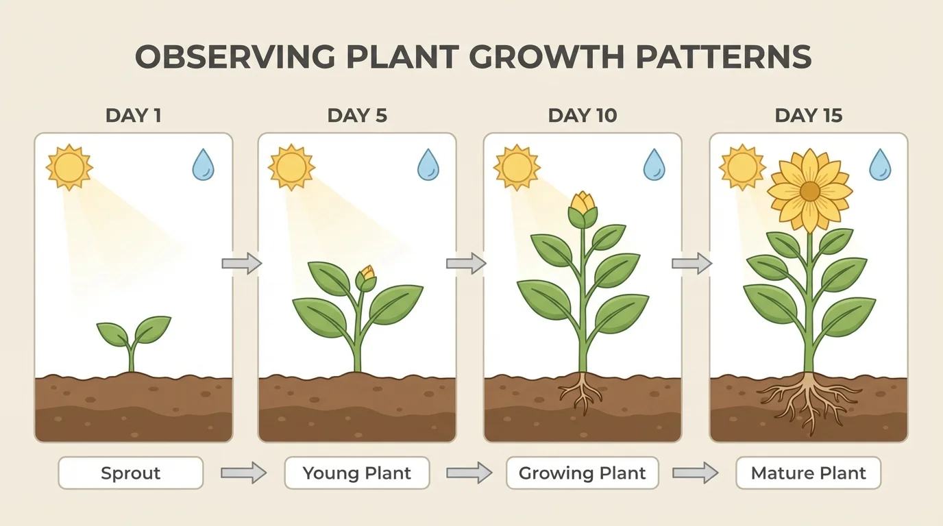 illustration of the same plant on several days, getting taller with sunlight and water