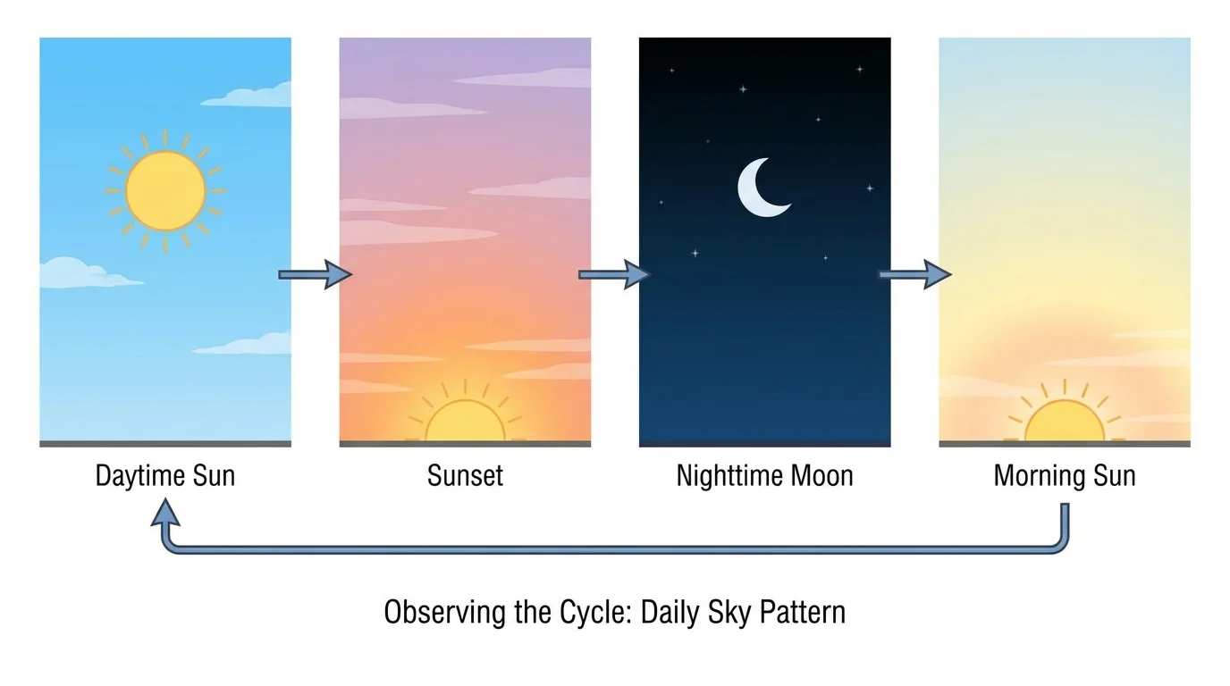 simple sky scene showing daytime sun, sunset, nighttime moon, and morning repeating in sequence