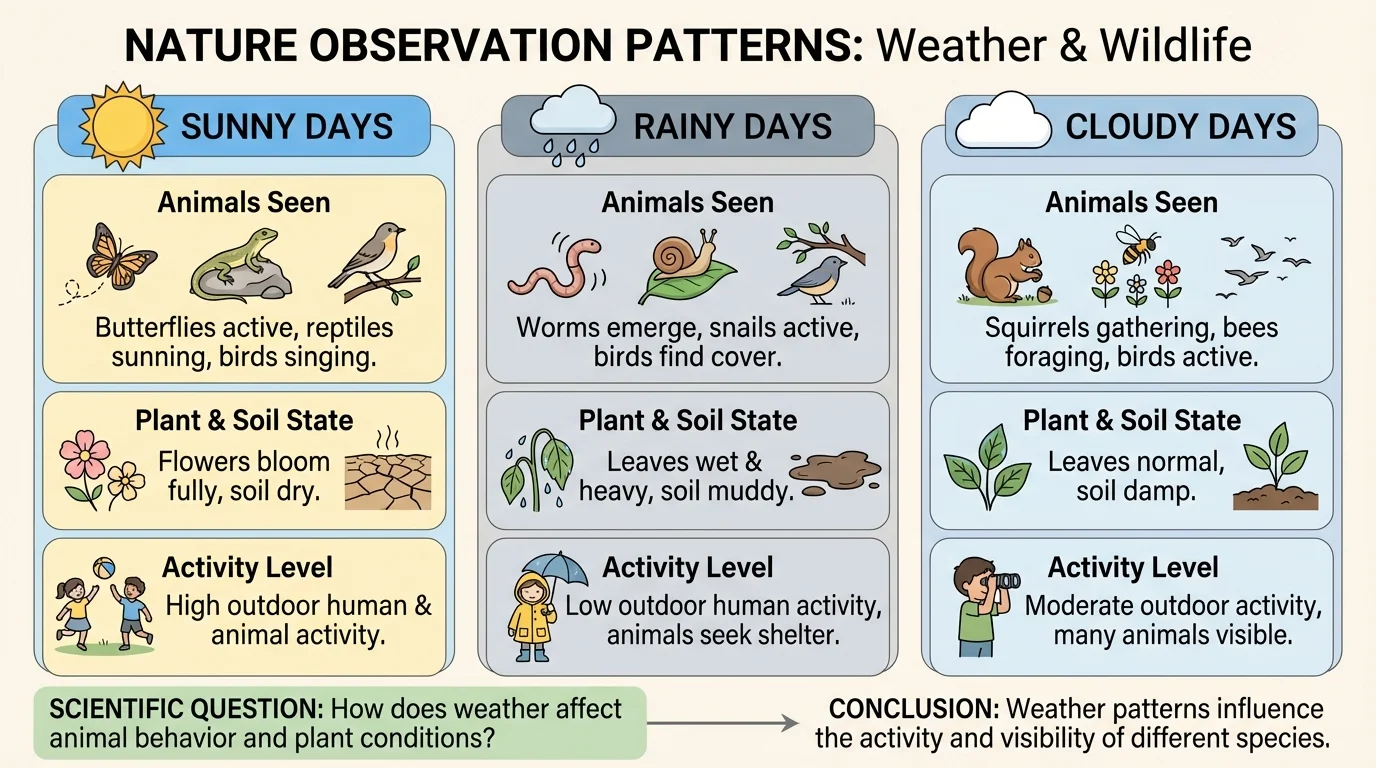 chart with children's nature observations grouped into sunny days, rainy days, and cloudy days with simple icons