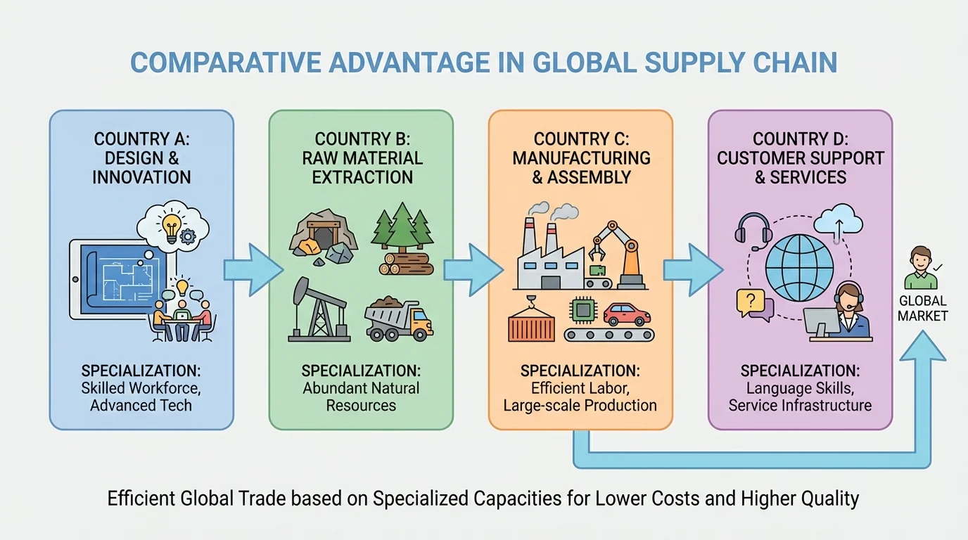 Flowchart of a global supply chain with design in one country, raw materials in another, assembly in another, and customer support in another