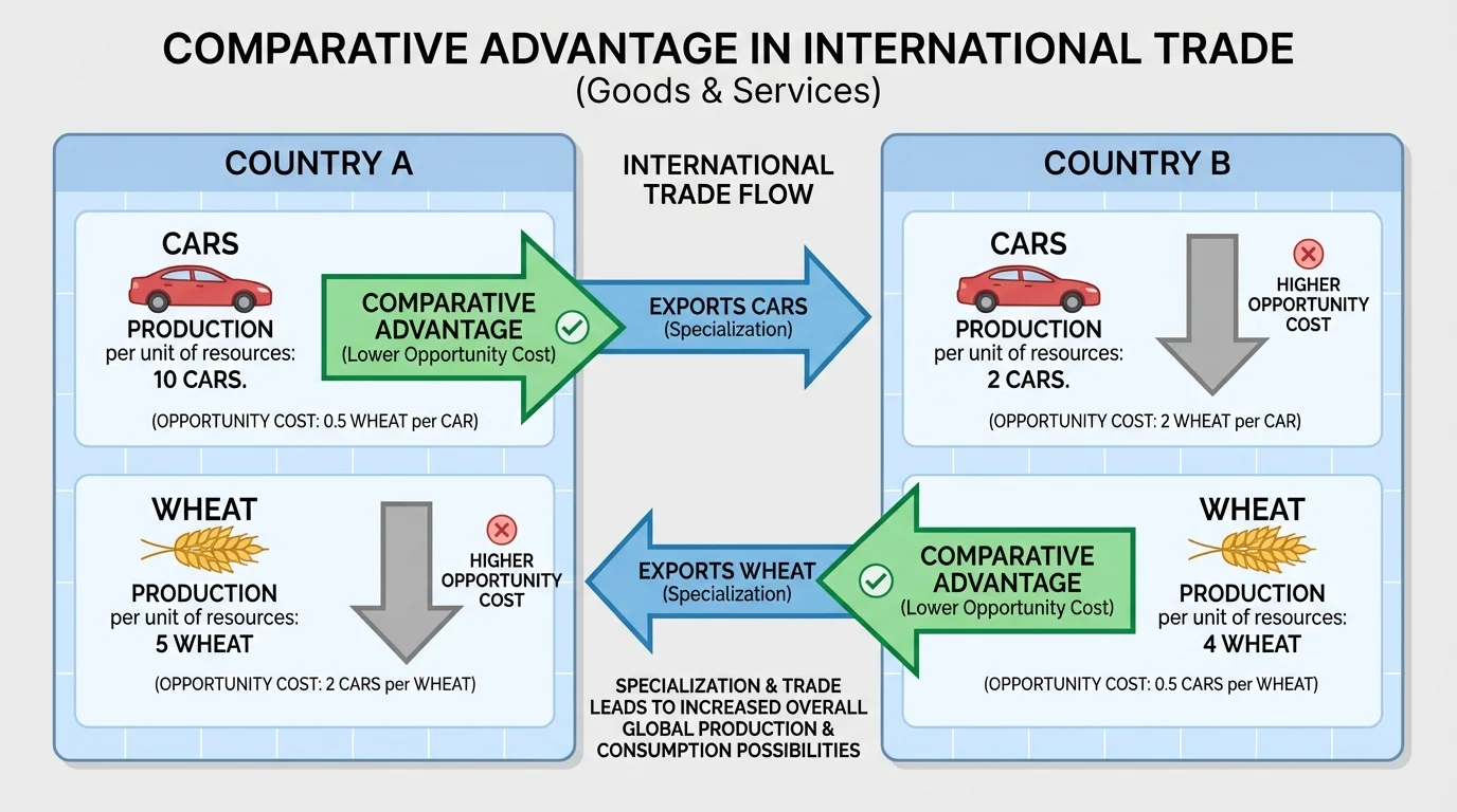 Chart comparing Country A and Country B production of cars and wheat with arrows highlighting which country has comparative advantage in each product
