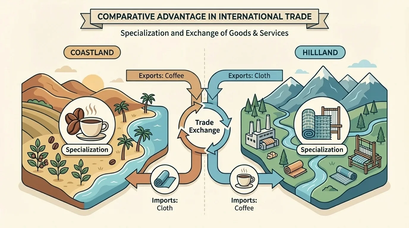 Diagram showing Coastland specializing in coffee and Hillland specializing in cloth, with arrows showing trade between the two countries