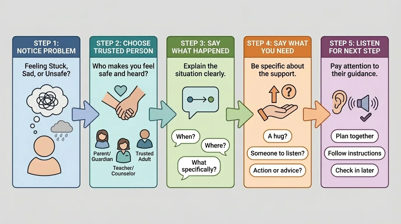 step-by-step boxes with arrows showing notice problem, choose trusted person, say what happened, say what you need, listen for next step