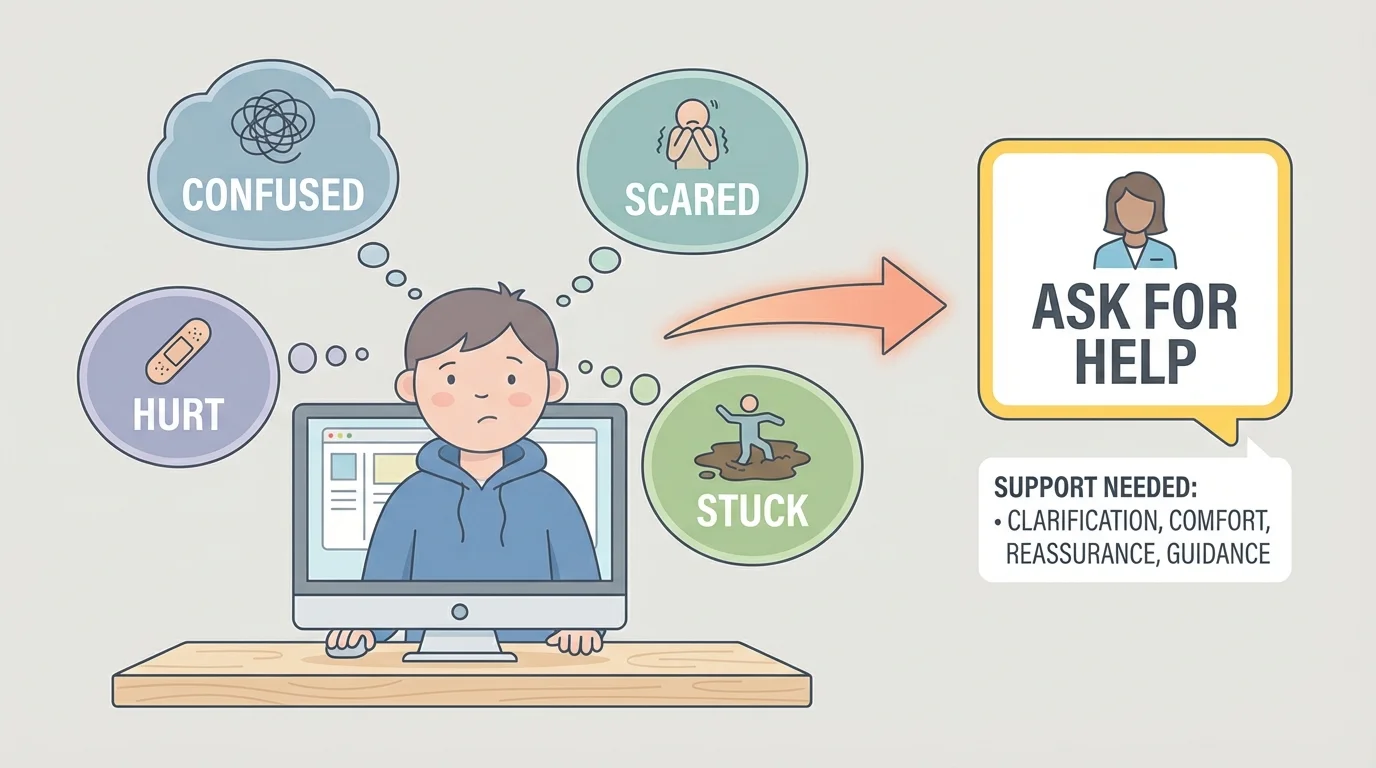 child at home computer with thought bubbles showing confused, hurt, scared, and stuck, with simple labels that say ask for help