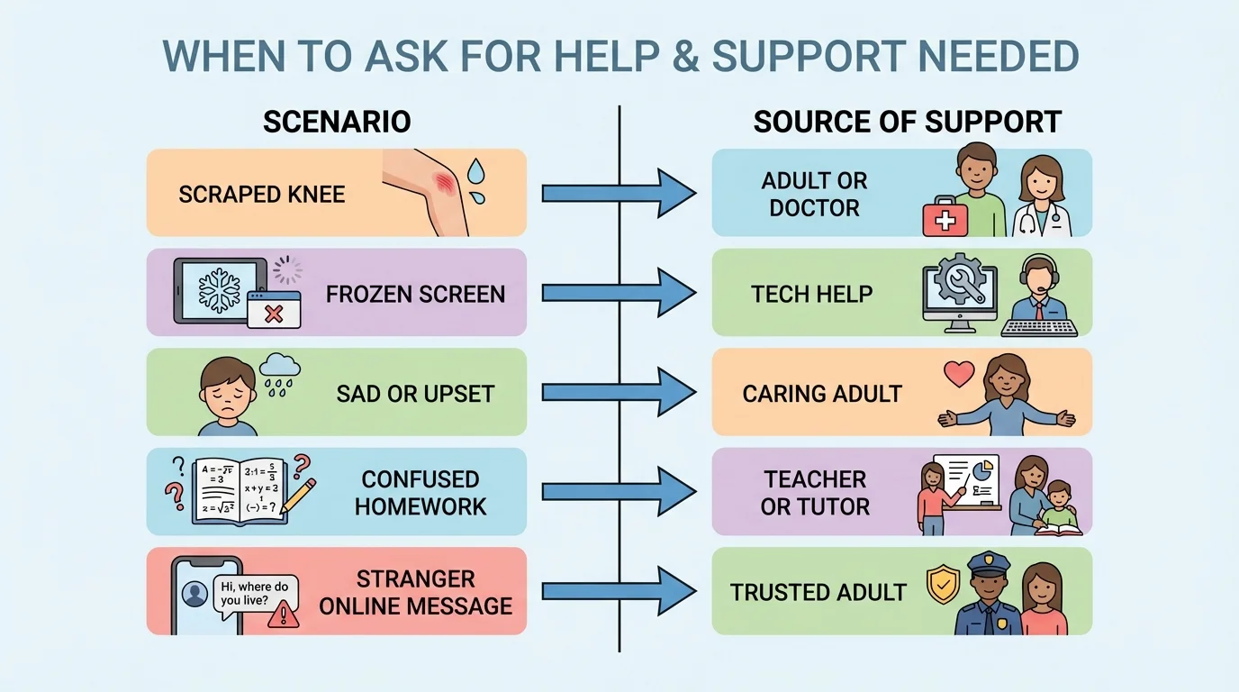 matching chart with simple scenes showing scraped knee to adult or doctor, frozen screen to tech help, sad child to caring adult, confused homework page to teacher help, stranger online message to trusted adult