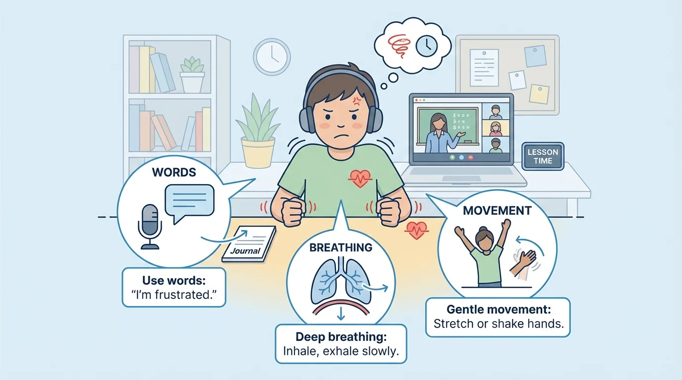 child at home desk during online lesson noticing clenched fists, frown, tight shoulders, and small heartbeat symbols showing frustration clues