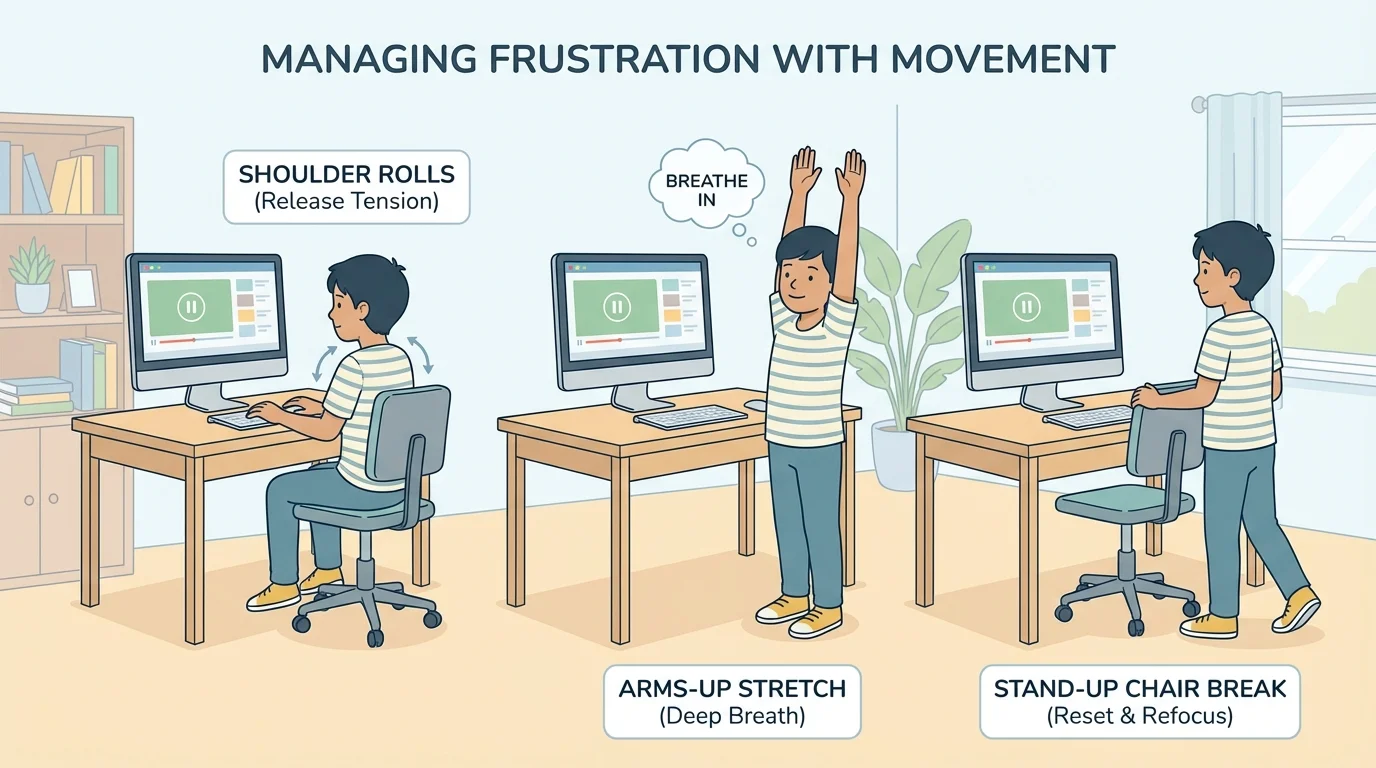 child near computer doing shoulder rolls, arms-up stretch, and stand-up chair break in a home learning space