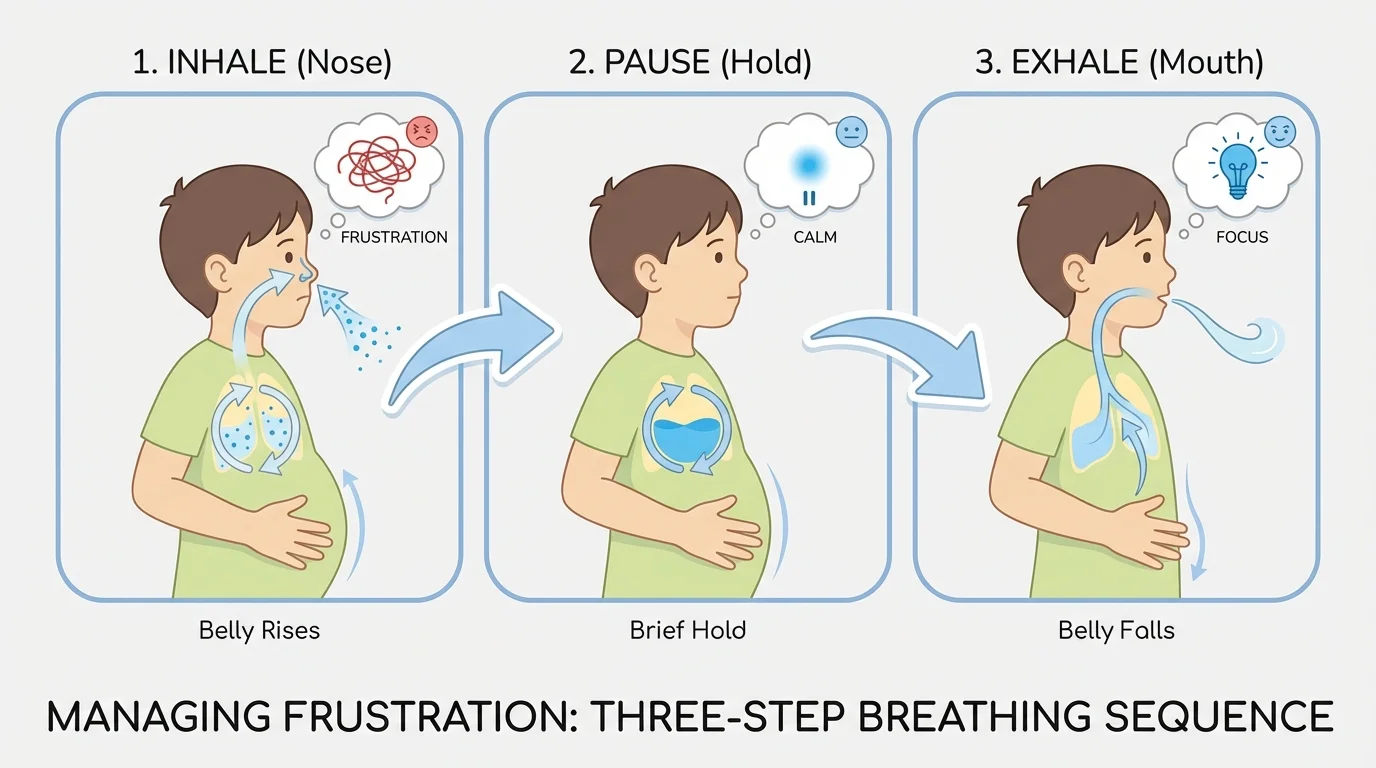 three-step breathing sequence with child hand on belly, breathing in through nose, brief pause, and slow exhale through mouth