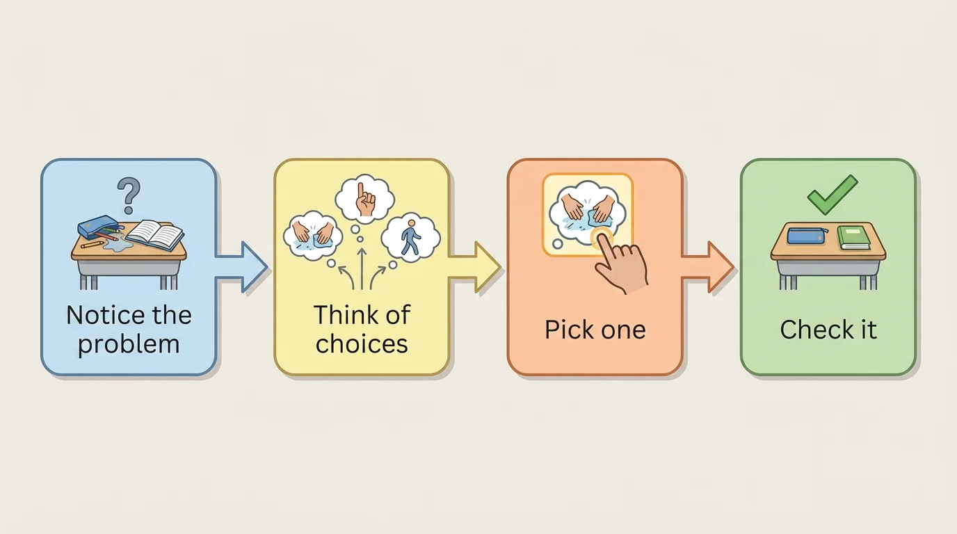 child-friendly four-step flowchart with boxes labeled Notice the problem, Think of choices, Pick one, Check it, connected by arrows