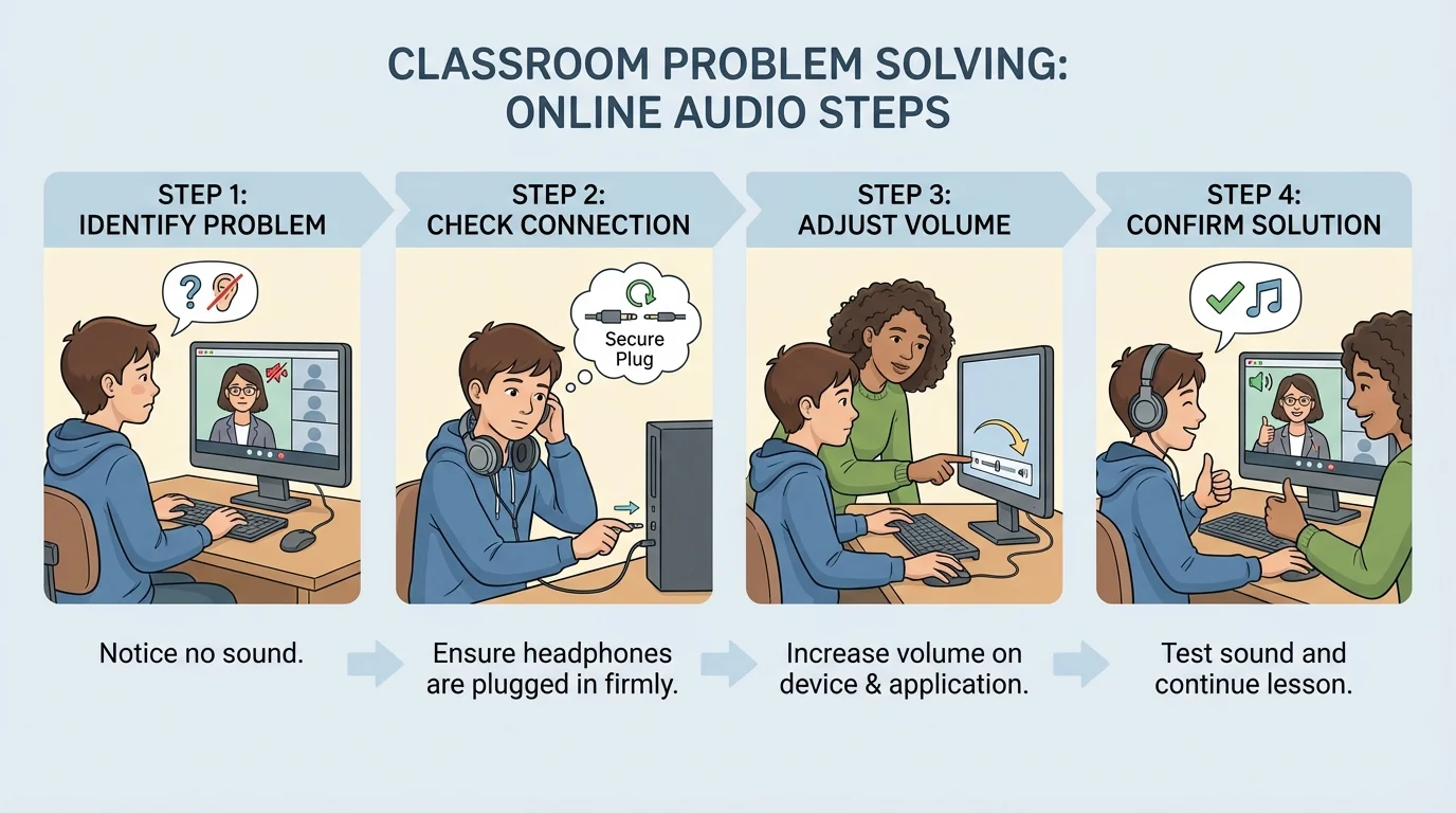 student at home computer during online lesson calmly checking headphones, volume button, and looking at screen with help from nearby adult