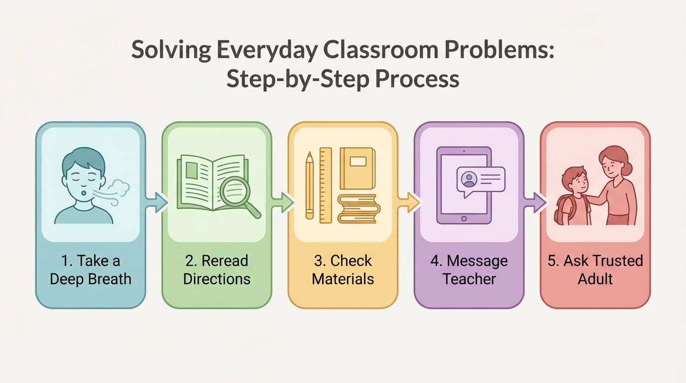 simple chart with icons and short labels for deep breath, reread directions, check materials, message teacher, ask trusted adult