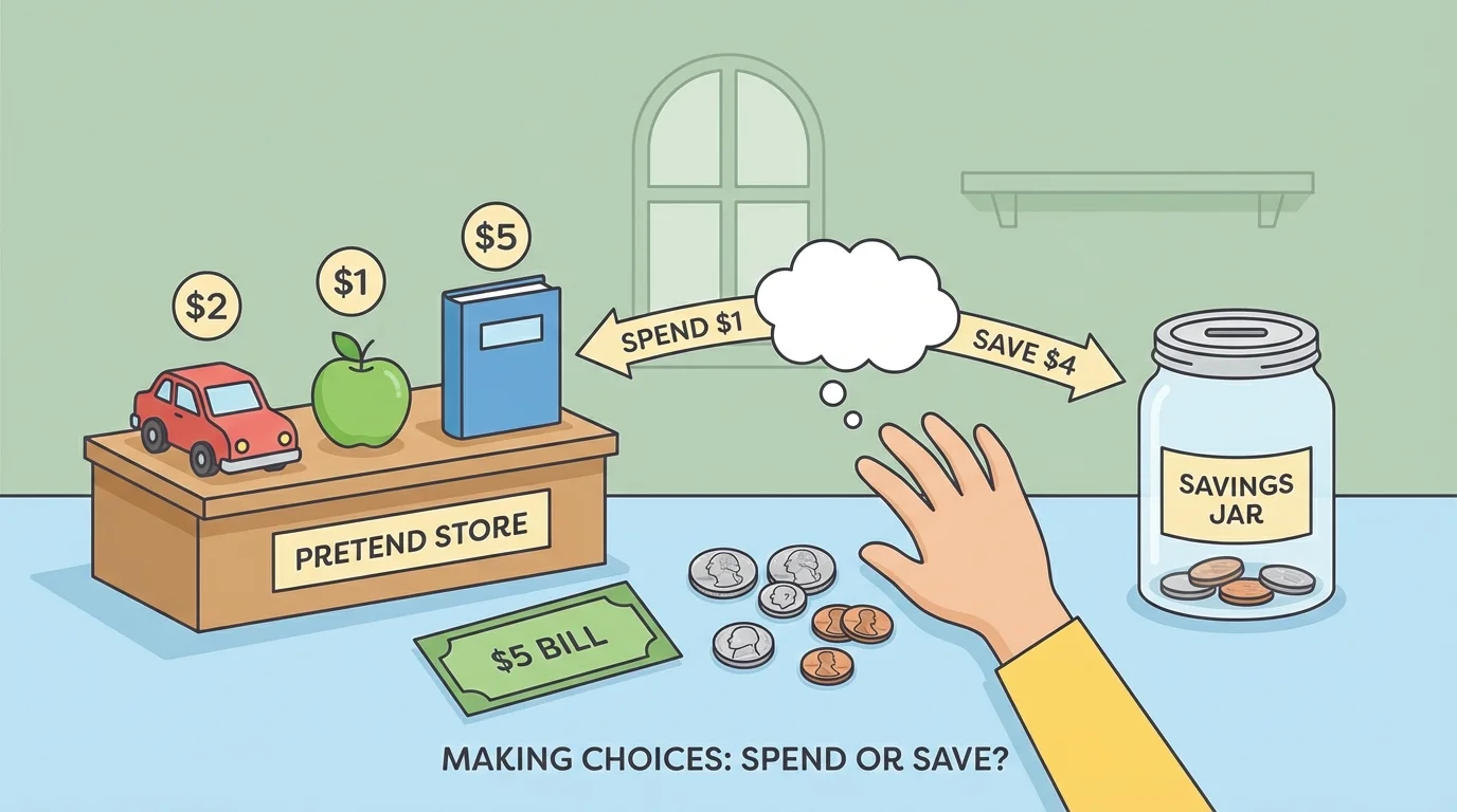 child-friendly money scene with several coins, one bill, and simple price tags on items marked $1, $2, and $5