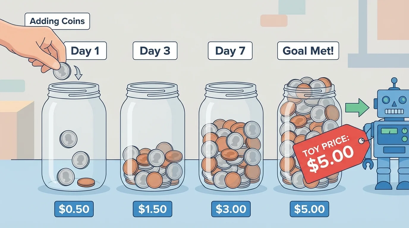 savings jar with coins added across several days until the amount matches a toy price tag