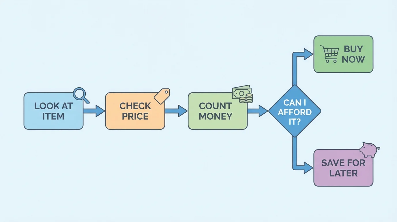 simple shopping decision flowchart with boxes labeled look at item, check price, count money, buy now or save for later