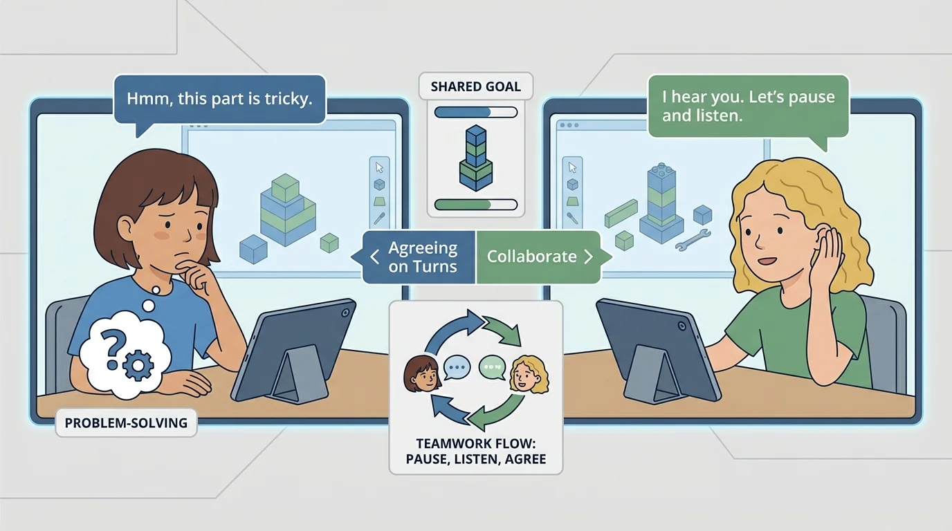 Two children on a video call building something together, pausing, listening, and then agreeing on turns