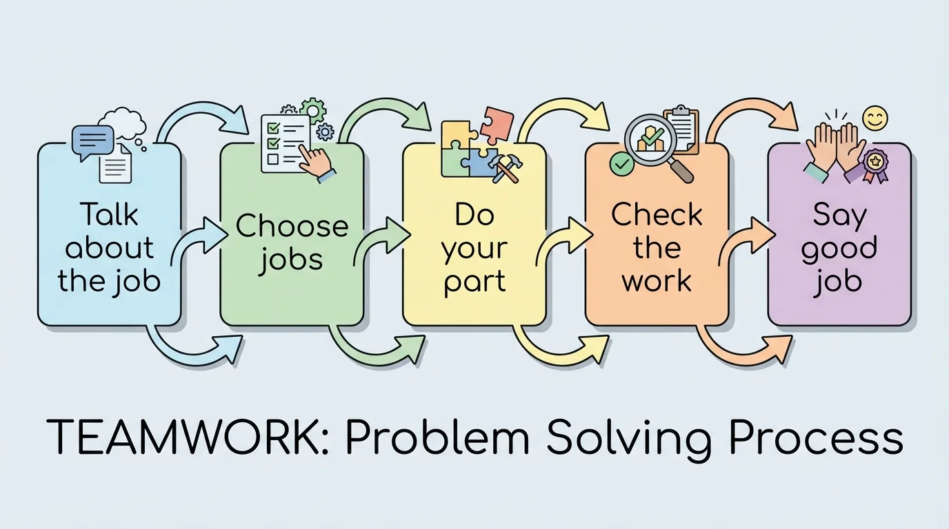 Five-box flowchart labeled talk about the job, choose jobs, do your part, check the work, say good job