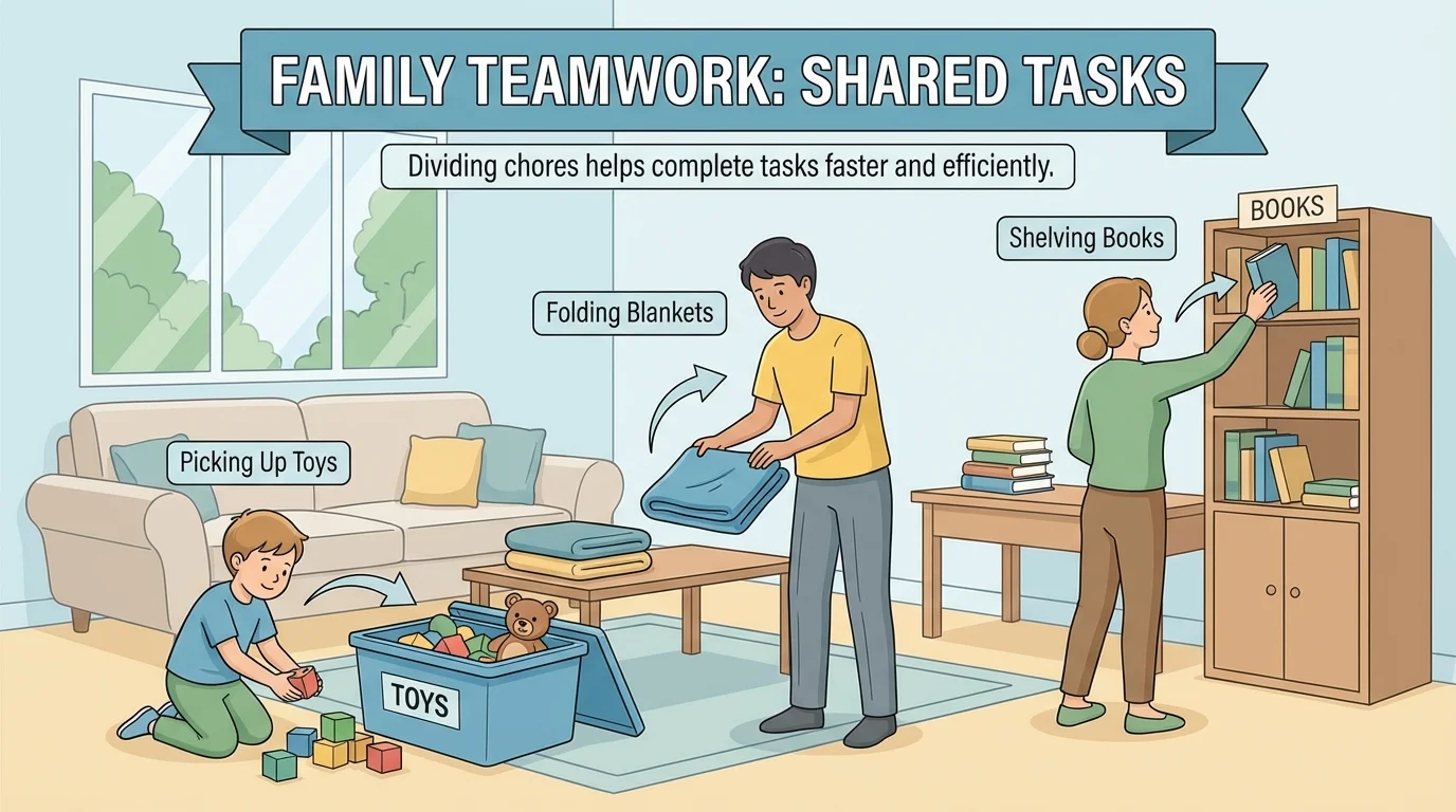 A child and family members working together to clean a room, with one picking up toys, one folding blankets, and one putting books away