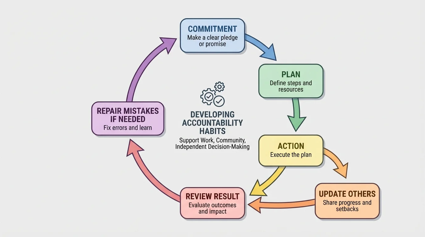 accountability loop showing commitment, plan, action, update others, review result, and repair mistakes if needed