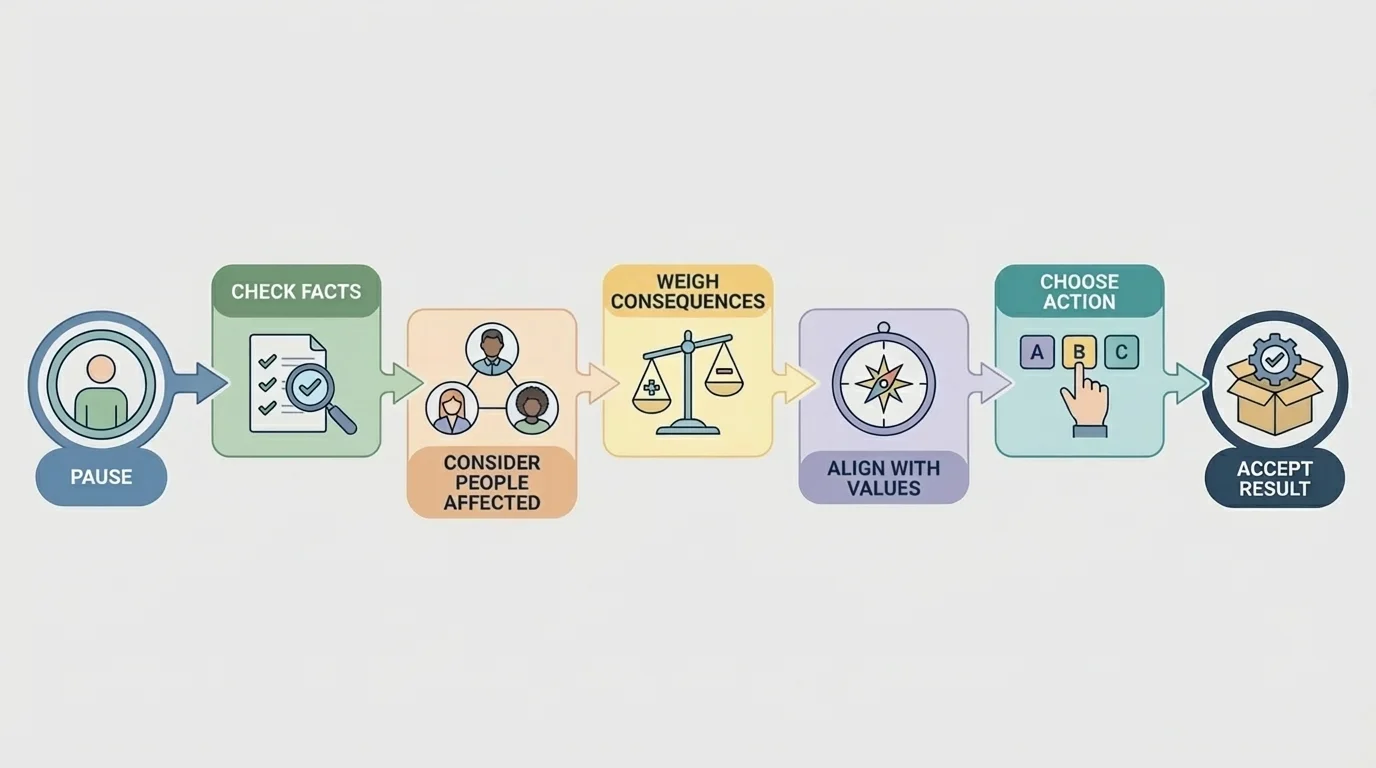 decision-making path with pause, check facts, consider people affected, weigh consequences, align with values, choose action, accept result