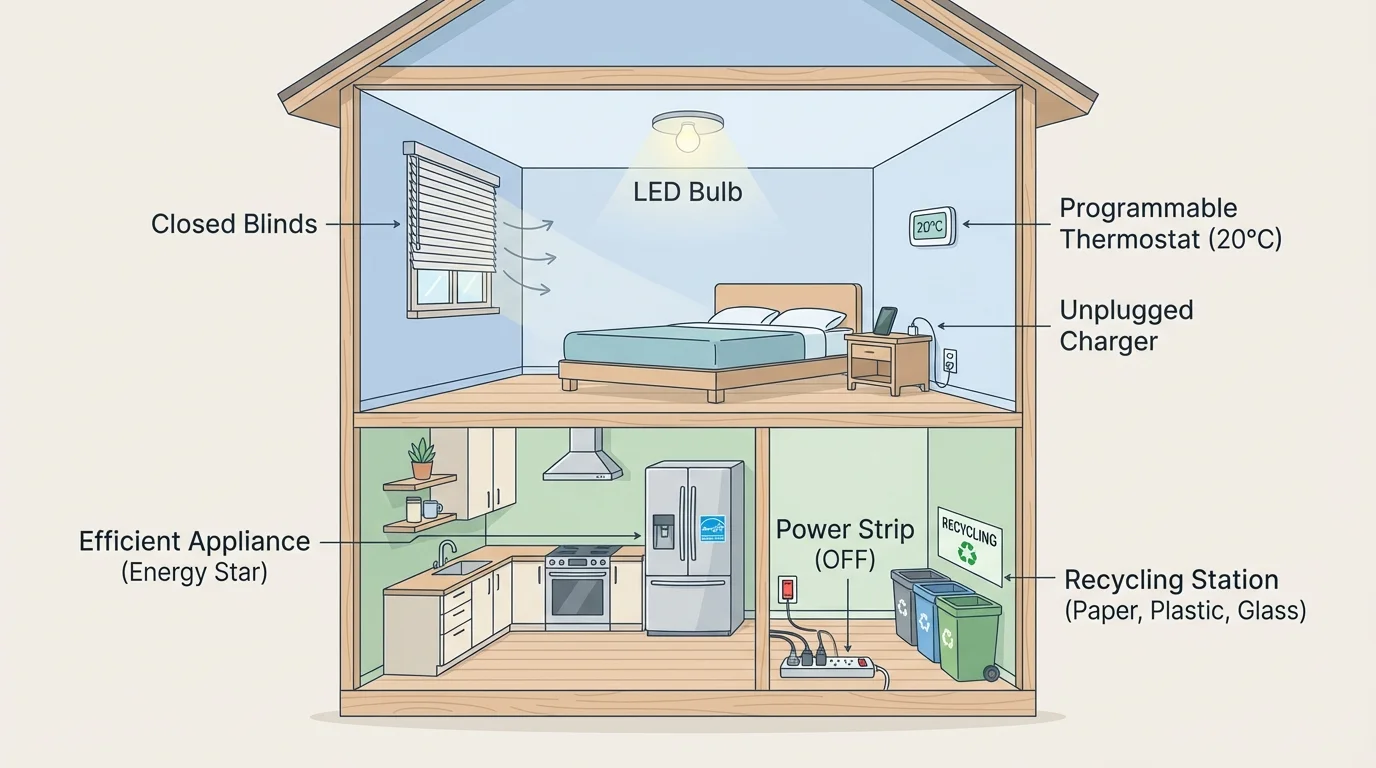 Cutaway home scene showing LED bulbs, unplugged charger, power strip off, closed blinds, efficient appliance, thermostat setting