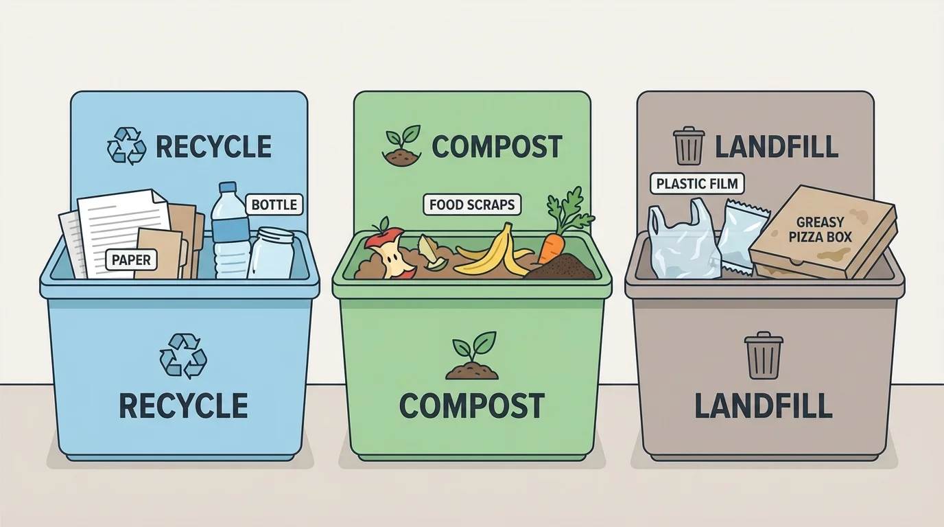 Three-bin home sorting system labeled recycle, compost, landfill with paper, bottle, food scraps, plastic film, greasy pizza box examples