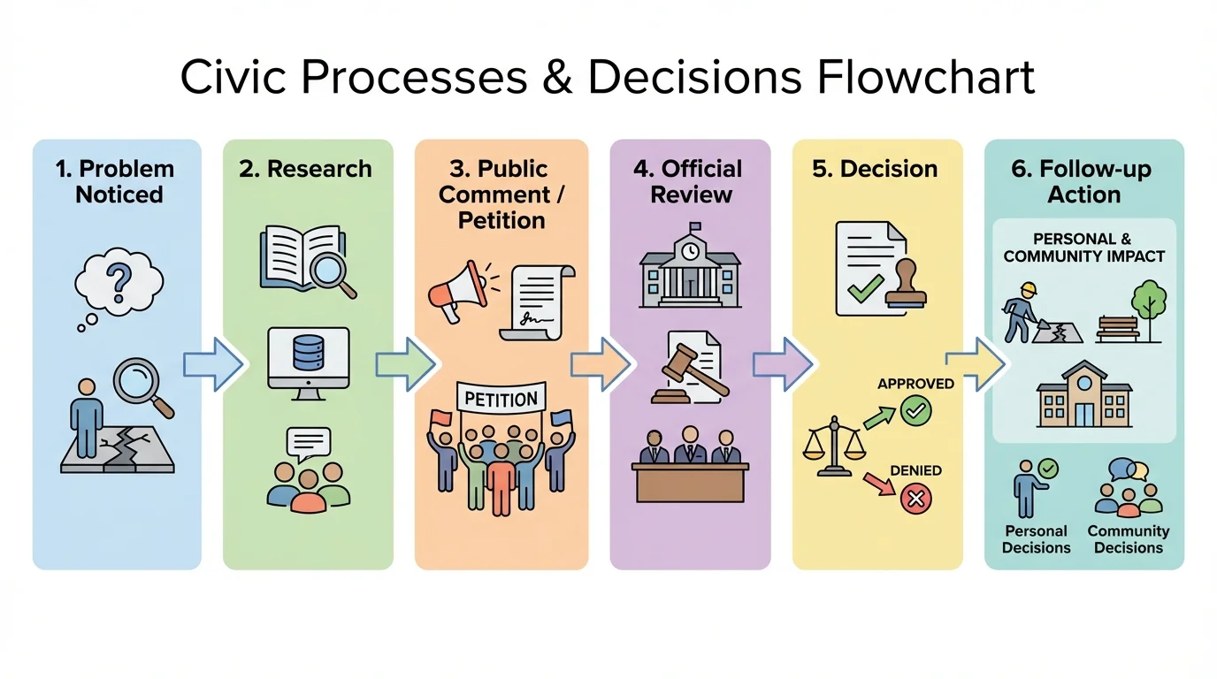 flowchart showing problem noticed, research, public comment or petition, official review, decision, and follow-up action