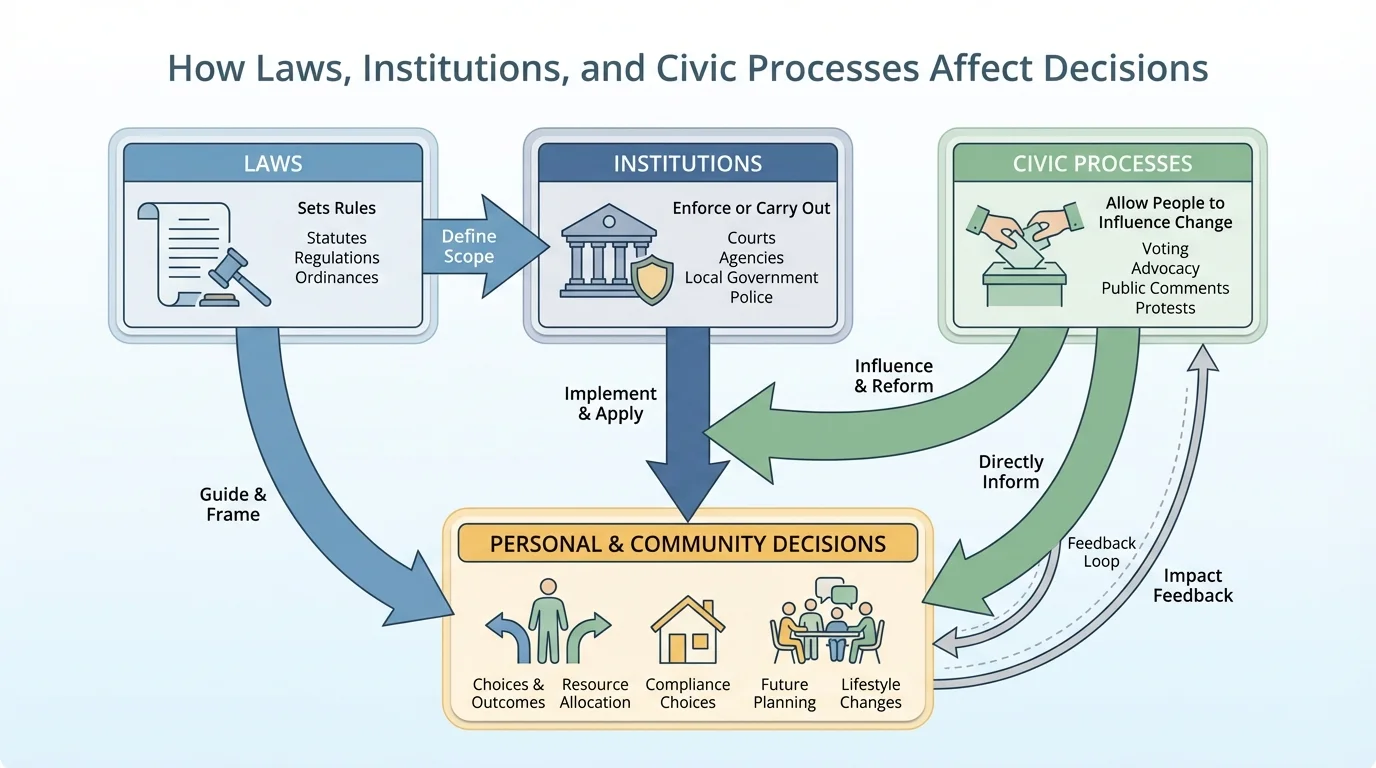 flowchart showing laws setting rules, institutions enforcing or carrying them out, and civic processes allowing people to influence change