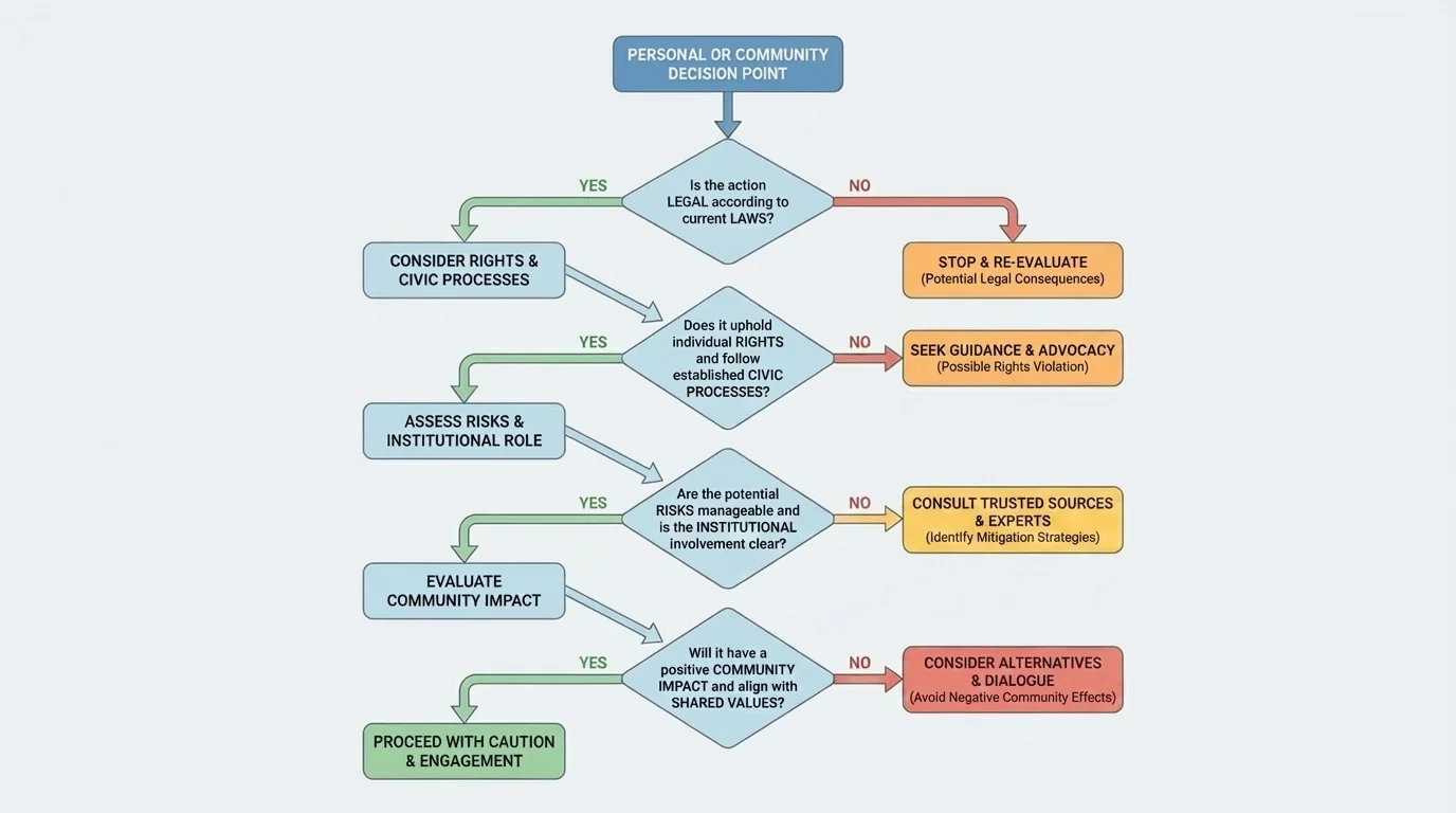 decision tree with questions about legality, rights, risks, community impact, trusted sources, and next steps