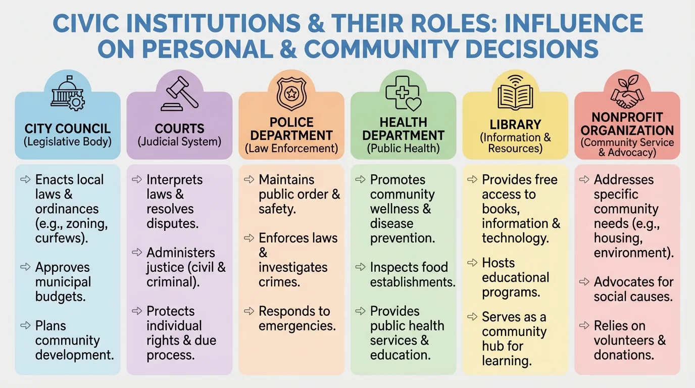 chart comparing city council, courts, police, health department, library, and nonprofit with their main roles