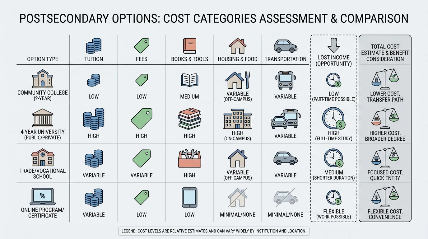 Chart showing postsecondary cost categories including tuition, fees, books, tools, housing, transportation, and lost income