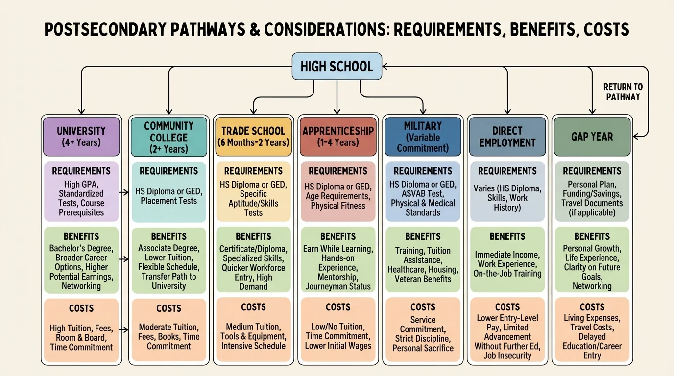 Flowchart of postsecondary pathways from high school to university, community college, trade school, apprenticeship, military, direct employment, and gap year