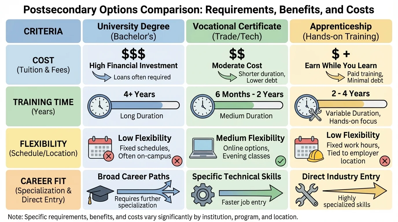 Comparison chart with three sample options scored on cost, training time, flexibility, and career fit