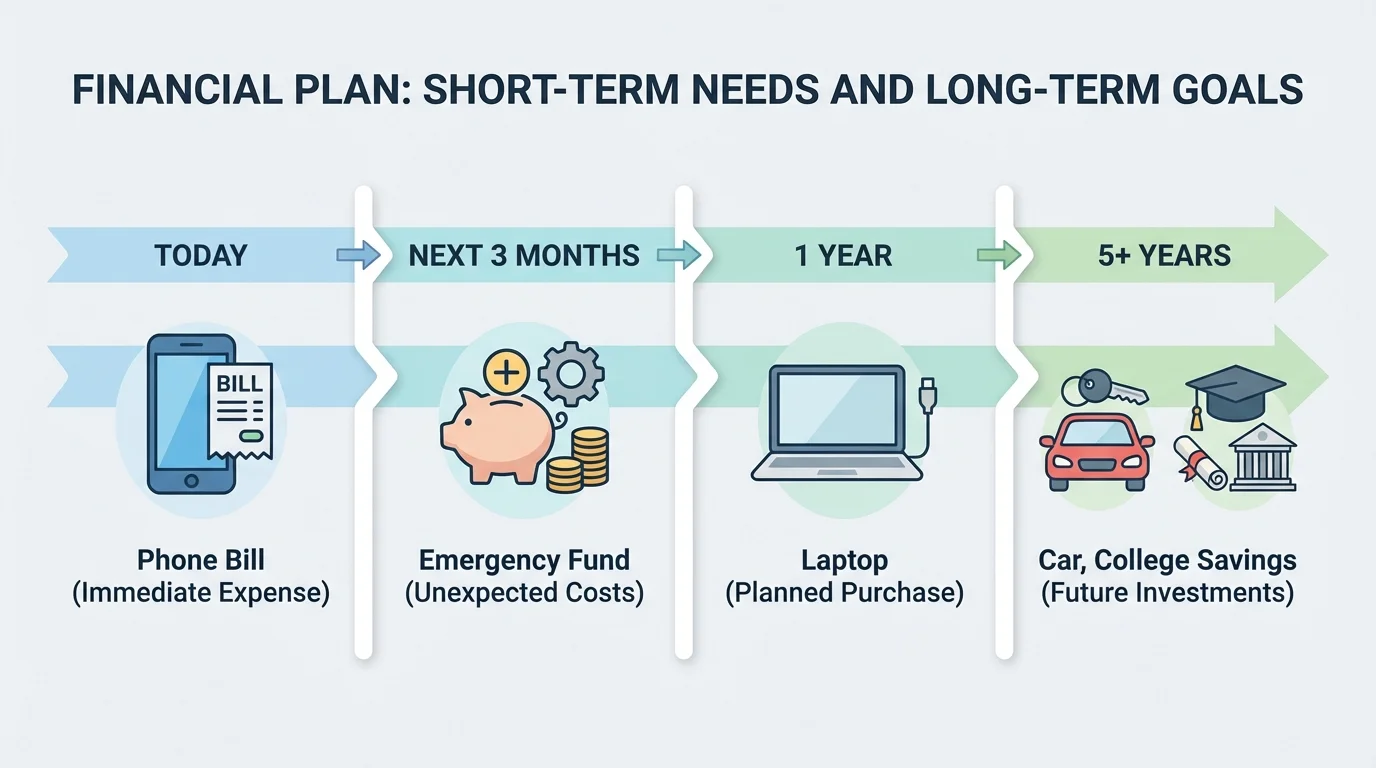 Timeline showing today, next 3 months, 1 year, and 5+ years with examples like phone bill, emergency fund, laptop, car, and college savings