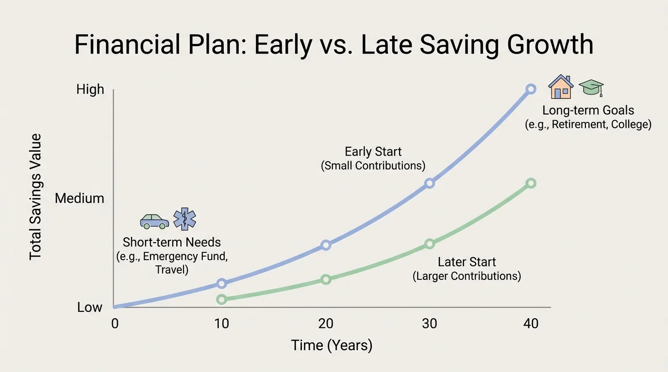 Line graph comparing saving small amounts early versus starting later, with the early-start line growing higher over time