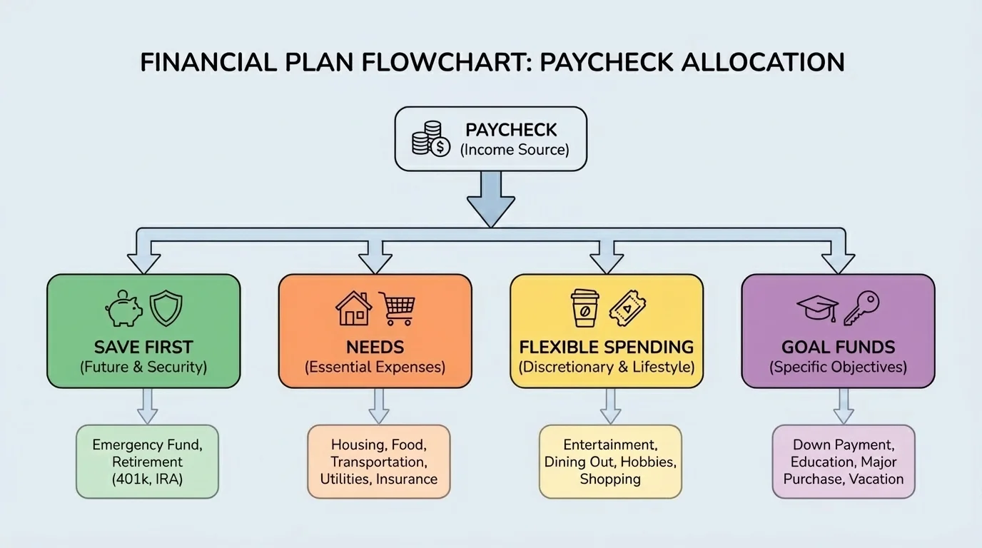 Flowchart showing paycheck splitting into save first, needs, flexible spending, and goal funds