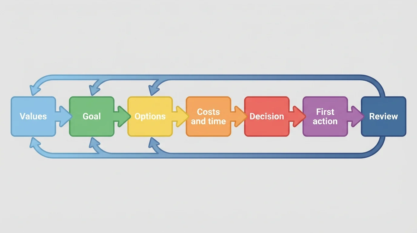 flowchart showing future-planning steps with boxes labeled values, goal, options, costs and time, decision, first action, review