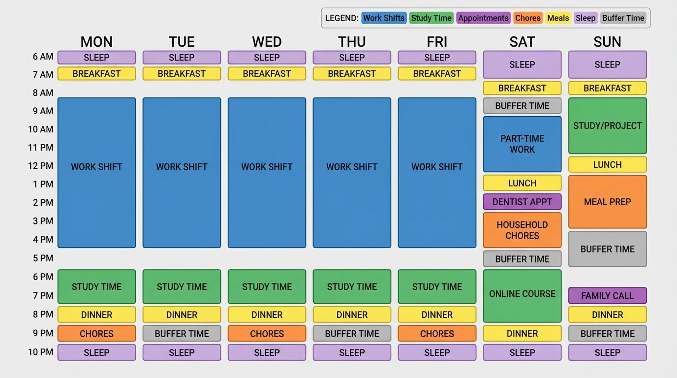 weekly schedule chart with color-coded blocks for work shifts, study time, appointments, chores, meals, sleep, and buffer time