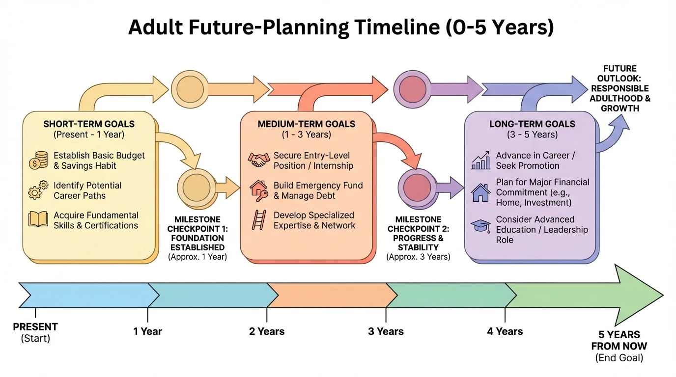 timeline from present to 5 years with short-term, medium-term, and long-term goals linked by milestone checkpoints