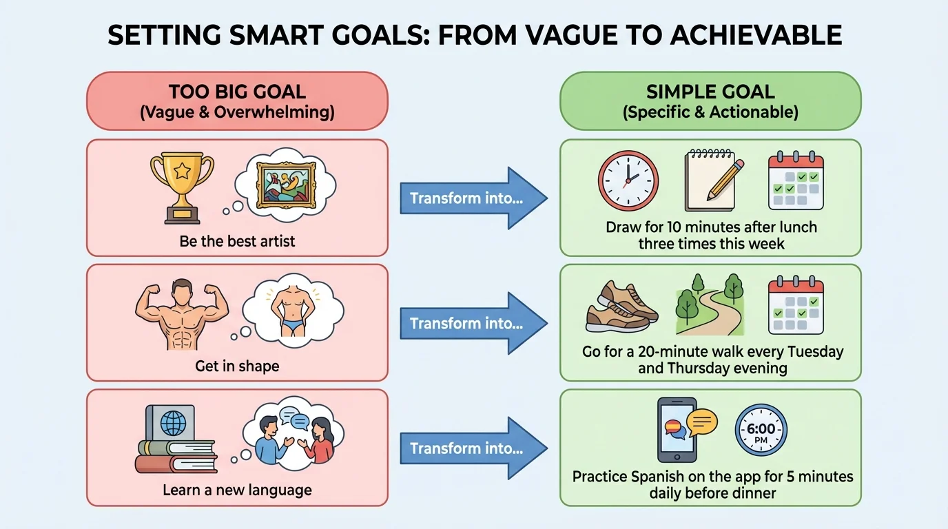 side-by-side chart with 'Too Big' goals like 'Be the best artist' and matching 'Simple Goal' versions like 'Draw for 10 minutes after lunch three times this week'